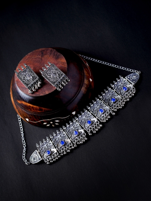 

MORKANTH JEWELLERY Oxidised Silver-Pated Blue Stone-Studded Jewellery Set
