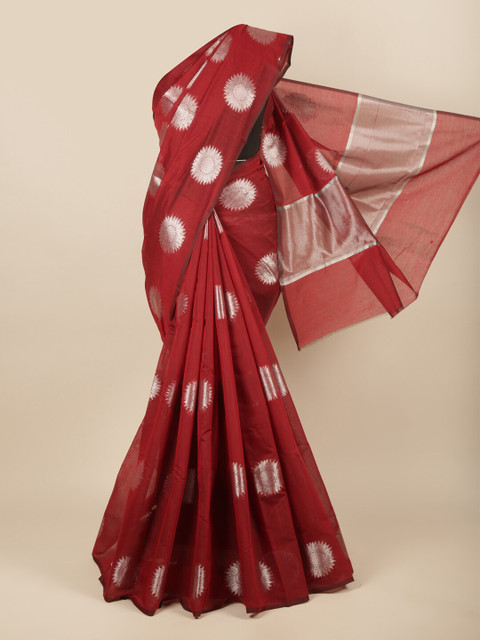 

Pothys Red & Silver-Toned Woven Design Zari Saree