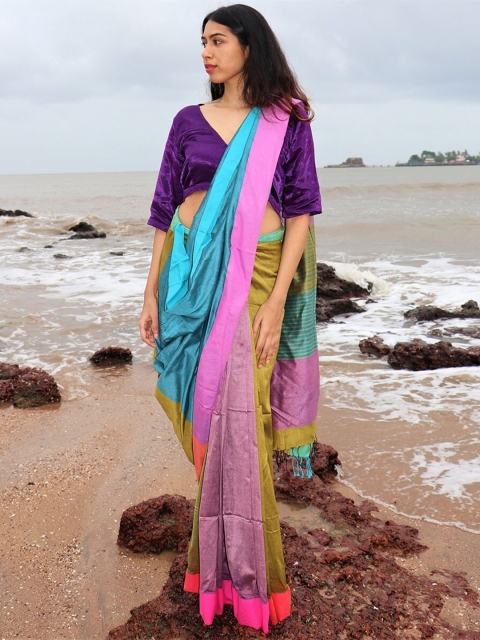 

Chidiyaa Blue & Pink Colourblocked Saree