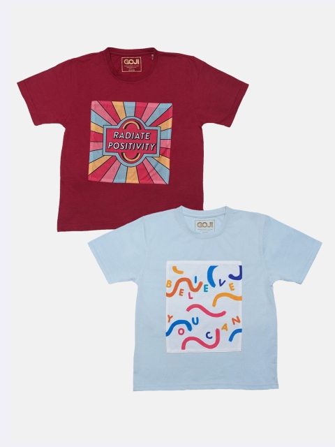 

GOJI Kids Maroon & Blue Typography Printed T-shirt