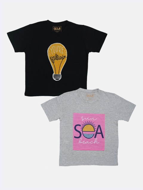

GOJI Kids Black & Grey Melange Typography 2 Pack Printed T-shirt