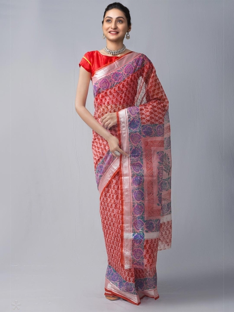 

Unnati Silks Brown & Purple Ethnic Motifs Zari Pure Cotton Block Print Saree