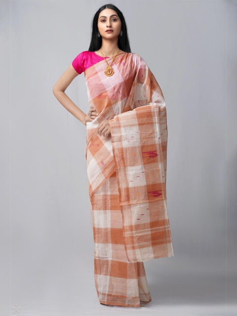

Unnati Silks Beige & Orange Woven Design Pure Cotton Taant Saree
