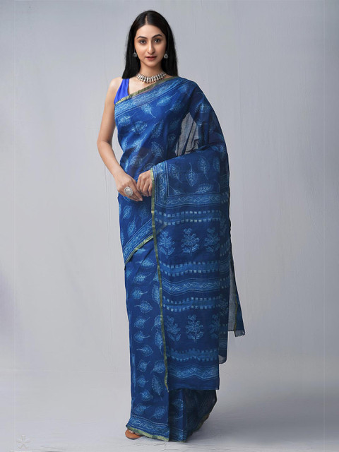 

Unnati Silks Navy Blue & White Dabu Pure Cotton Dabu Saree
