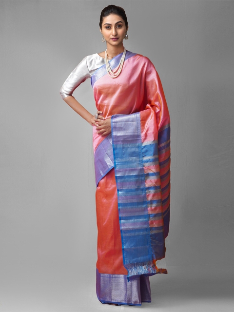 

Unnati Silks Pink & Silver-Toned Woven Design Pure Silk Mangalagiri Saree