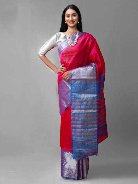 

Unnati Silks Pink & Blue Woven Design Pure Silk Kanjeevaram Saree