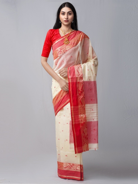 

Unnati Silks Beige & Red Woven Design Pure Cotton Taant Saree