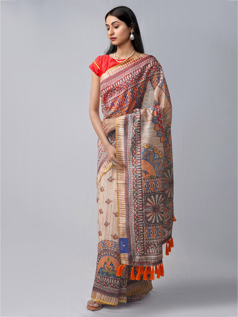 

Unnati Silks Cream-Coloured & Orange Kalamkari Silk Cotton Chanderi Saree