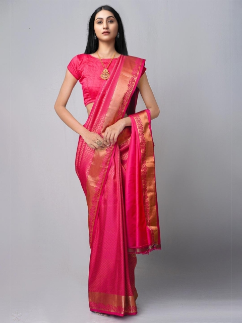 

Unnati Silks Pink & Gold-Toned Woven Design Silk Cotton Kanjeevaram Saree