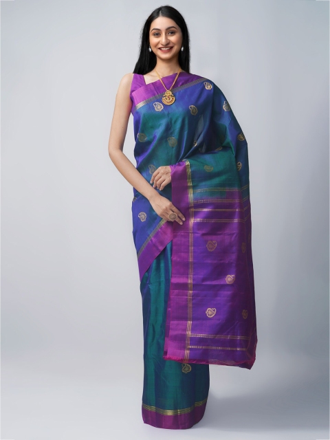 

Unnati Silks Blue & Purple Woven Design Silk Cotton Kanjeevaram Saree