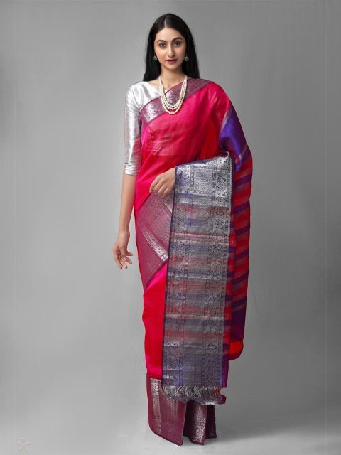 

Unnati Silks Pink & Blue Woven Design Pure Silk Kanjeevaram Saree