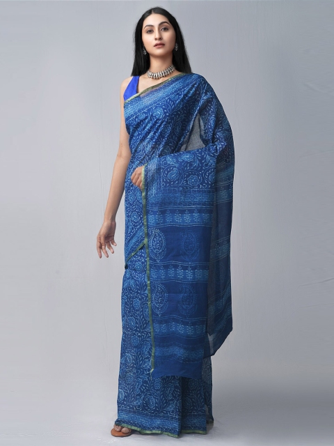 

Unnati Silks Navy Blue & White Dabu Pure Cotton Dabu Saree