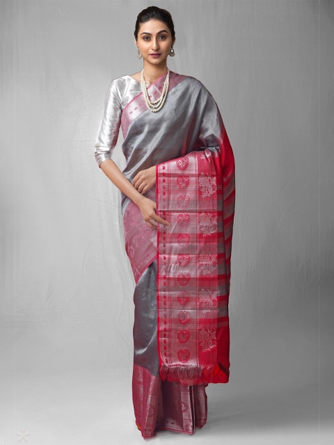 

Unnati Silks Grey & Pink Woven Design Zari Pure Silk Kanjeevaram Saree