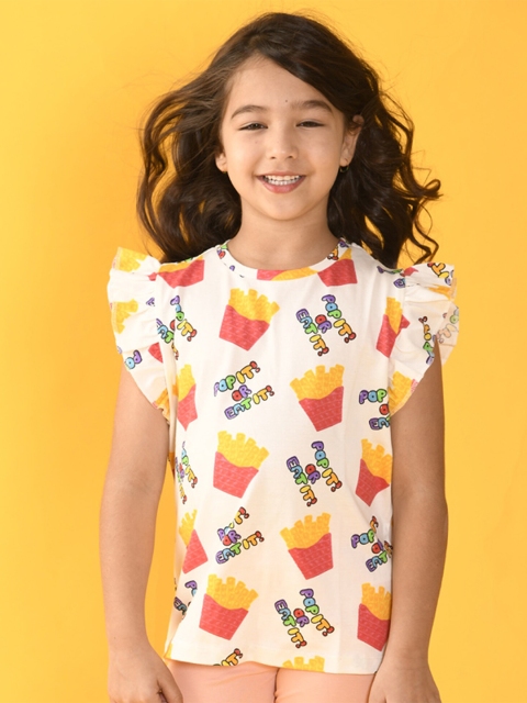 

Anthrilo Girls White & white alyssum Printed Extended Sleeves T-shirt