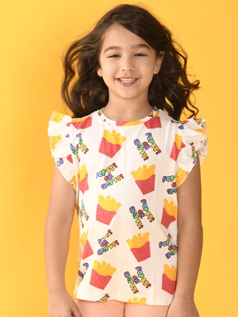 

Anthrilo Girls White Printed Extended Sleeves T-shirt