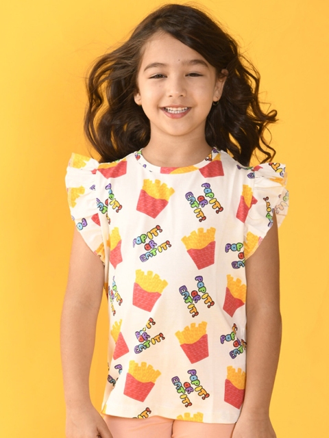 

Anthrilo Girls White Printed Extended Sleeves T-shirt