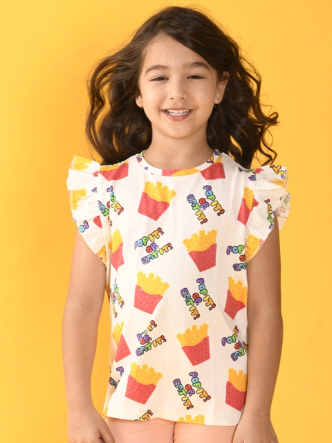 

Anthrilo Girls White Printed Cotton T-shirt