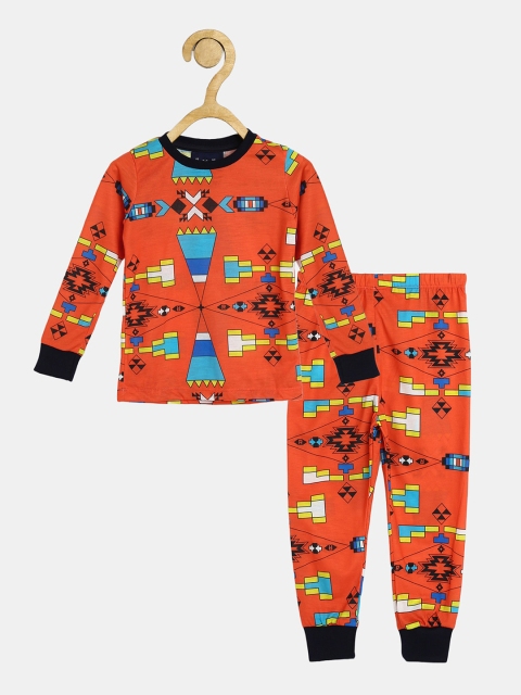 

Wyld Sprog Unisex Kids Orange & Blue Geometric Printed Night suit