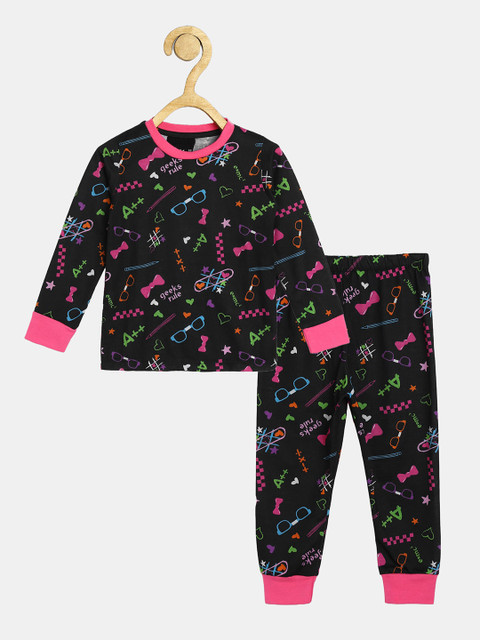

Wyld Sprog Unisex Kids Black & Pink Printed Night suit