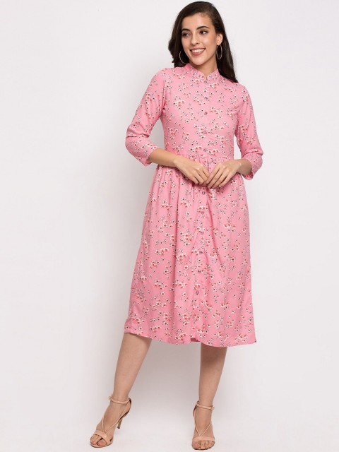 

BLUE CHIC Women Pink Floral Knee-Length Fit & Flare Ethnic Dress