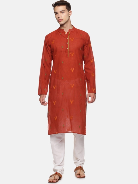 

PAROKSH Men Red Ethnic Motifs Checked Thread Work Handloom Kurta