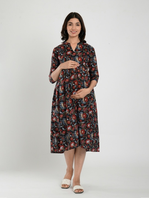 

CRAFIQA Black & dark jungle green Floral Maternity Shirt Midi Dress