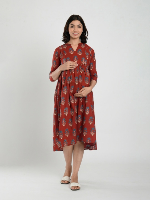 

CRAFIQA Maroon & cabernet Floral Maternity Midi Dress