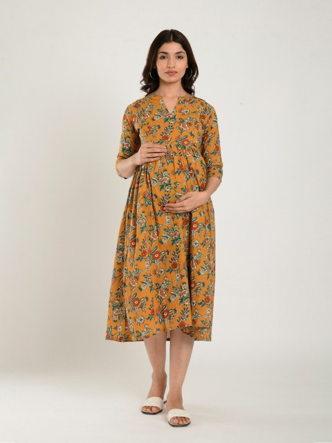 

CRAFIQA Mustard Yellow & chinese bronze Floral Maternity Midi Dress