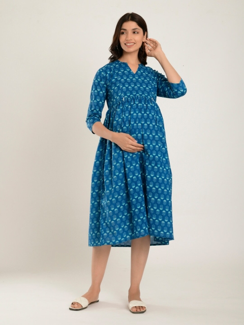 

CRAFIQA Blue & dark cerulean Floral Maternity A-Line Midi Dress