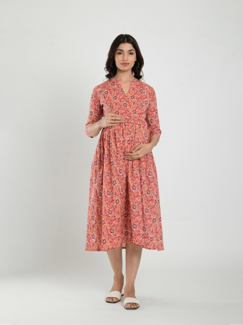 

CRAFIQA Peach-Coloured & canyon sunset Floral Maternity Midi Dress