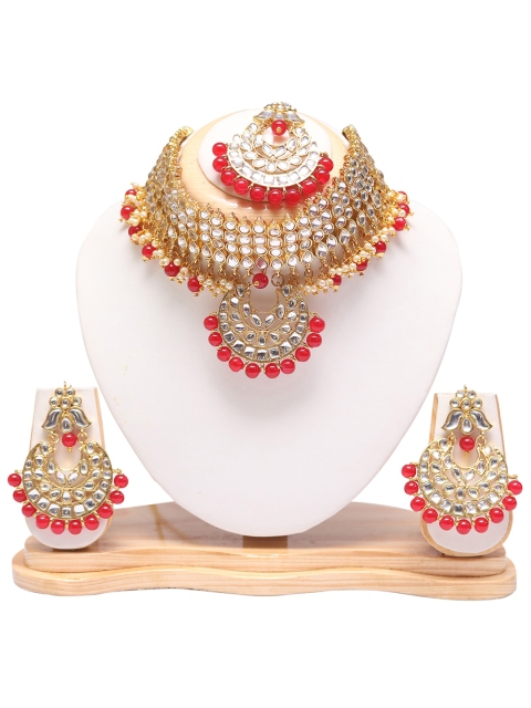 

Swarajshop Gold-Plated Red & White Kundan Studded & Beaded Jewellery Set