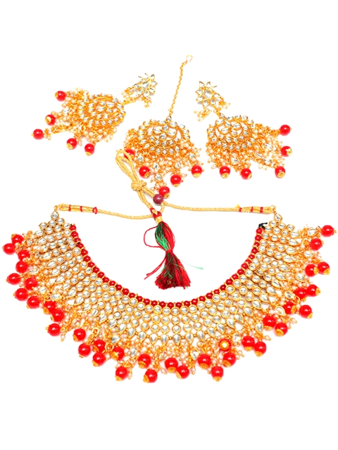 

Swarajshop Women Red & Gold-Plated White Kundan Studded Necklace Set