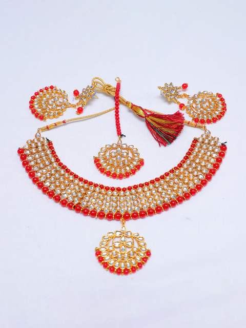 

Swarajshop Women Red & Gold-Plated Kundan Studded Bridal Jewellery Set