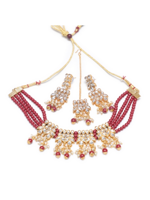 

Swarajshop Maroon & Gold-Plated Stone Studded & Beaded Jewellery Set