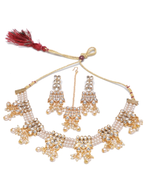 

Swarajshop Women Gold-Plated White Kundan Studded & Beaded Jewellery Set