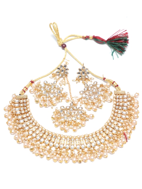 

Swarajshop Gold-Plated White Kundan Studded & Beaded Jewellery Set