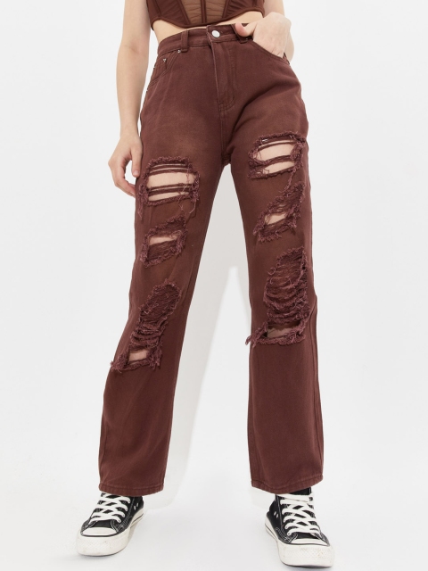 

URBANIC Women Brown Highly Distressed Straight Leg Jeans