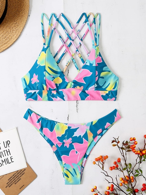 

URBANIC Women Blue & Pink Printed Cross Bikini Swim Set