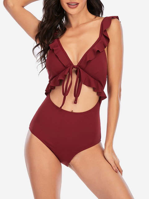 

URBANIC Women Burgundy Solid Cut Out Trikinis