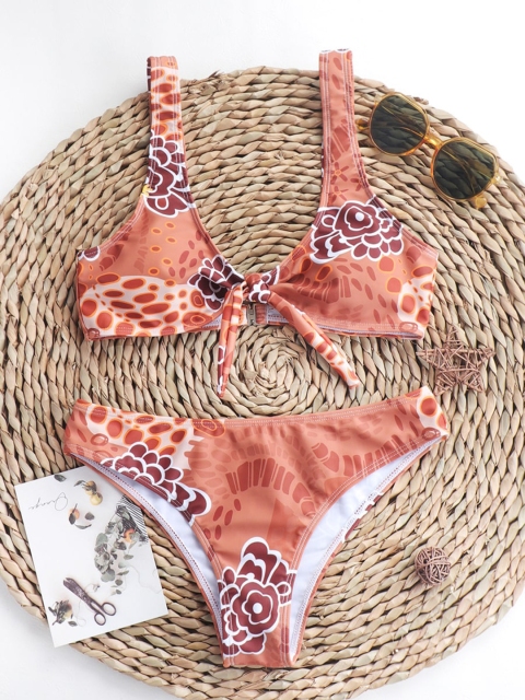 

URBANIC Women Coffee Brown & White Printed Swimwear Bikini Set