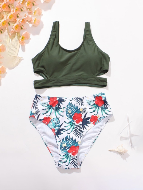 

URBANIC Women Olive-Green & White Printed Cut Out Bikini Swimwear