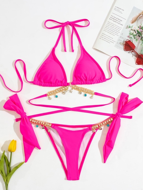 

URBANIC Women Set Of 2 Pink Solid Halter-Neck Chain Bikini Swimwear