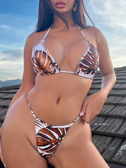 

URBANIC Women Coffee Brown & White Printed Swim Bikini Set