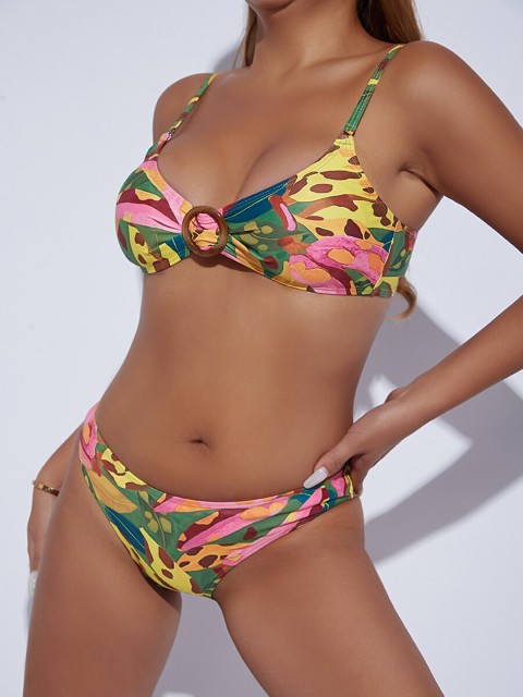 

URBANIC Women 2 Piece Rose Red Tropical Printed Ring Bikini Set