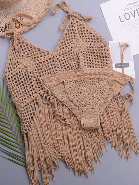 

URBANIC Women Pack Of 2 Khaki Coloured Crochet Fringe Tankini Swim Set