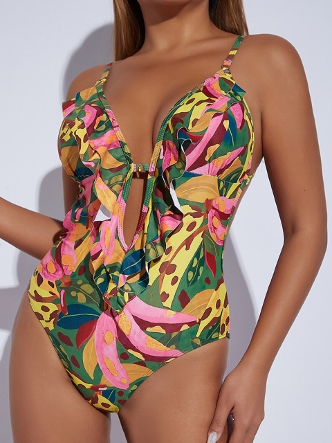 

URBANIC Women Green & Pink Printed Ruffle Trikinis