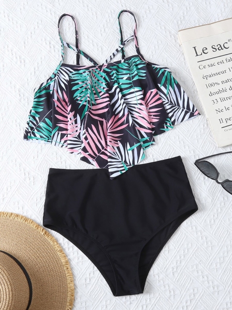 

URBANIC Women Black & Green Printed Ruffle Tankinis