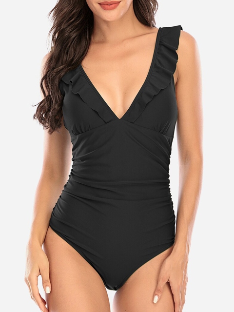 

URBANIC Women Black Solid Ruffle Trikinis