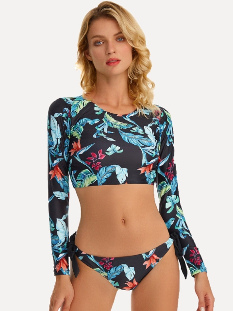 

URBANIC Women Blue Printed Swim Set, Black