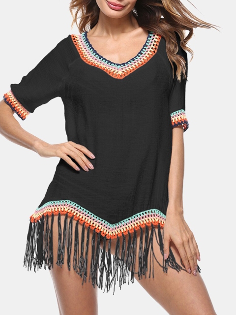 

URBANIC Women Black Solid Fringe Cover Ups Swimwear